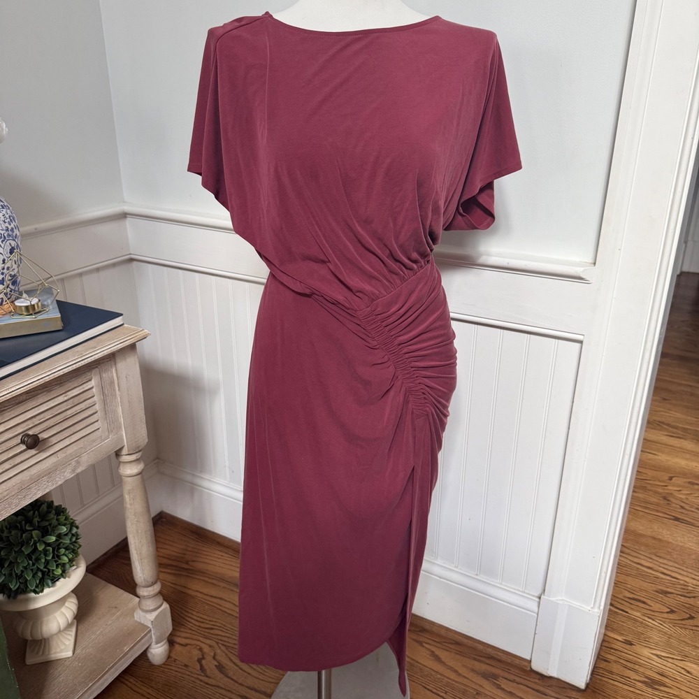 Moulinette Soeurs Anthropologie Berry Pink Ruched Draped Midi Dress XS Jersey